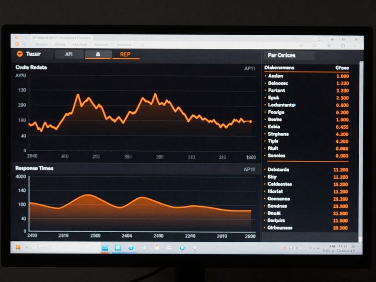 Straight-on screenshot of a clean telemetry dashboard displaying system load, response times, and API performance metrics, high contrast monochrome with bright orange indicators