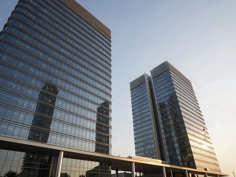 Wide environmental low-angle architectural shot of a modern corporate headquarters in Dubai at golden hour, crisp daylight reflections on glass facades, minimal structure.