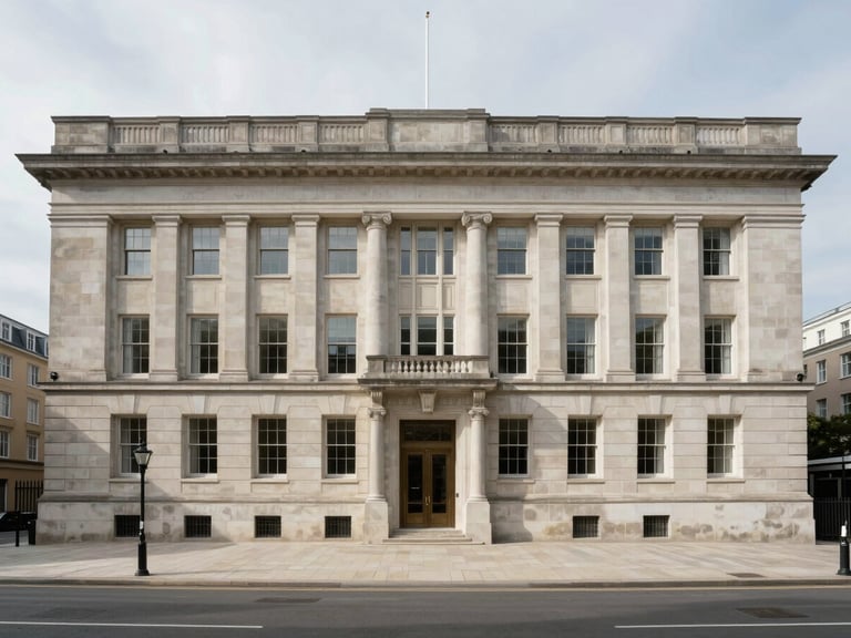 Symmetrical wide shot of classic limestone corporate architecture, clean lines, overcast daylight, low contrast shadows, presenting absolute permanence.