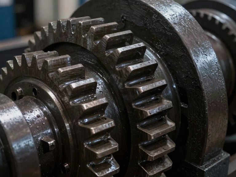 Extreme close-up of heavy industrial machinery gears, dark steel textures, low-contrast shadows, cool natural light.