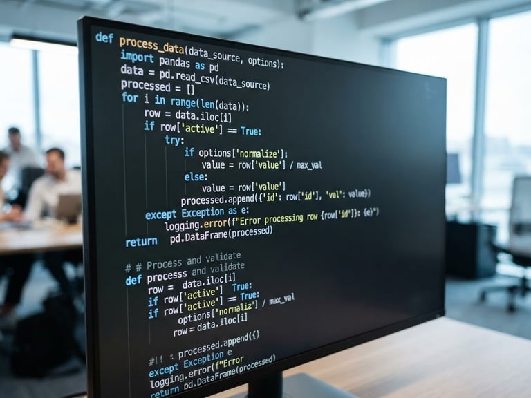 Close-up of clean code on a monitor in a bright modern office, cool blue ambient light, sharp focus, 35mm