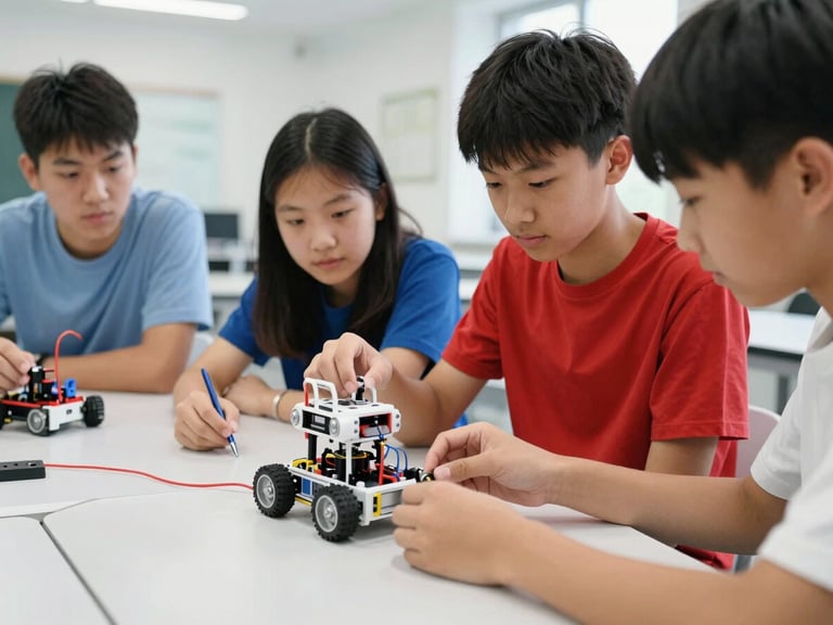 Students collaboratively building and coding a robot in a modern lab, clean environment, close-up on hands and robot components, bright light, focused and engaged expressions.