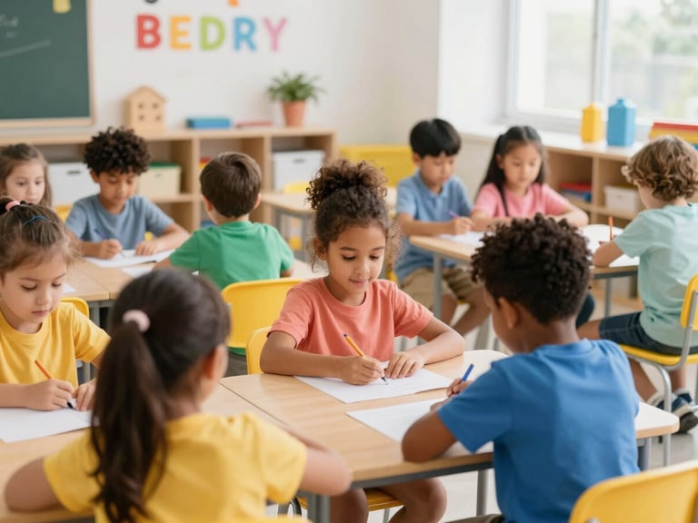 Happy diverse children engaged in play-based learning in a bright, clean classroom, natural daylight, warm primary colors, medium shot.