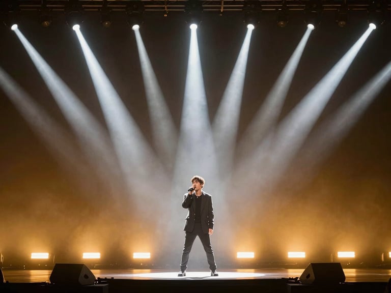 A wide cinematic 16:9 video frame showing a singer performing under brilliant white spotlights cutting through a dark stage, warm golden-hour flares, high-contrast luminous editorial photography