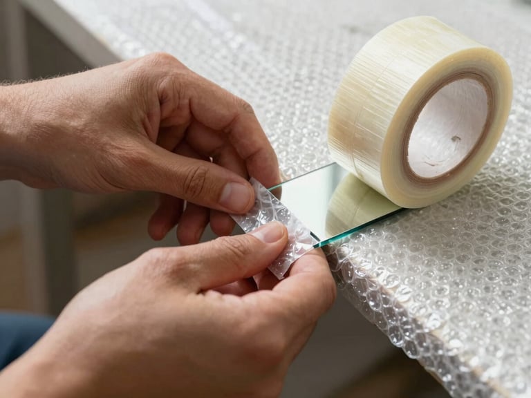 Close-up of hands wrapping a fragile mirror edge with thick bubble wrap and heavy-duty tape, bright daylight, high contrast.
