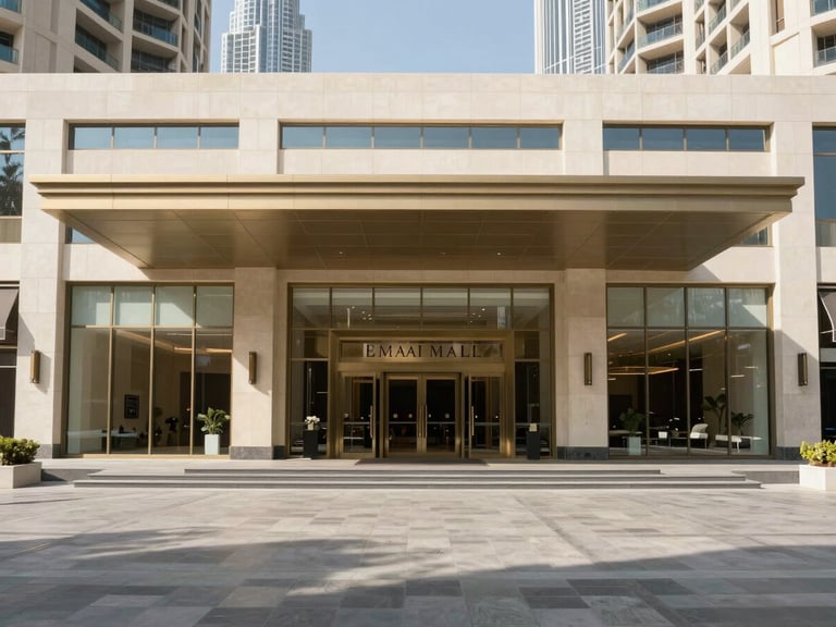 Bright daylight environmental photo of the Emaar Mall Arabian Ranches 2 storefront entrance, clean modern architecture, structured framing with generous negative space.