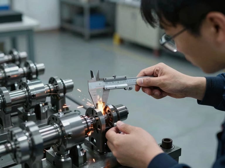 Engineer inspecting a complex machined assembly with a caliper, clean shop floor in the background, cool industrial workshop ambient light, 50mm lens