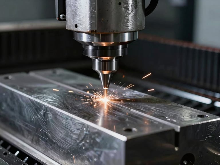 Extreme close-up of a multi-axis CNC milling machine cutting a large metal block, high-contrast directional studio light highlighting metallic textures and tooling marks, cool workshop ambient light, 50mm lens
