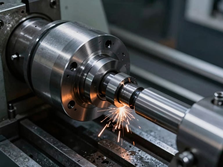 Close-up of a metal part being shaped on a CNC lathe, cool workshop ambient light with reflections on the spinning metal, high-contrast metallic textures, 50mm lens