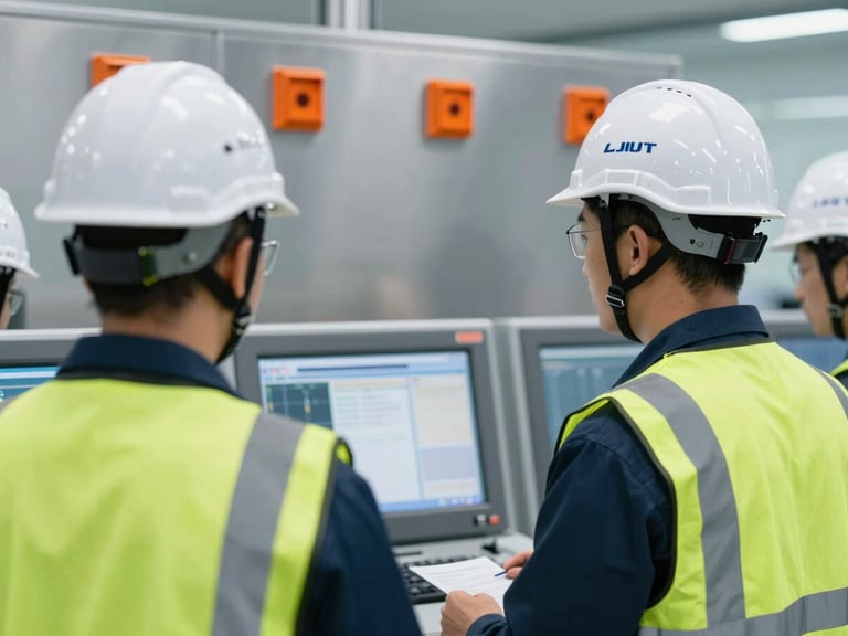 Sharp industrial photography of a modern control room with engineers in safety helmets and high-vis vests looking at screens, cool steel tones with safety orange indicators.