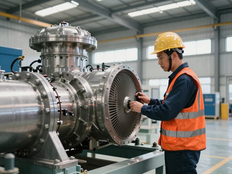 Industrial maintenance engineer in high-vis vest inspecting a large gas turbine generator, bright warehouse lighting, technical precision