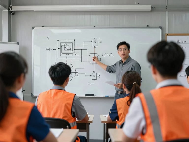 Professional technical classroom session, an instructor explaining a complex engineering diagram on a whiteboard to attentive adult professionals, daylight