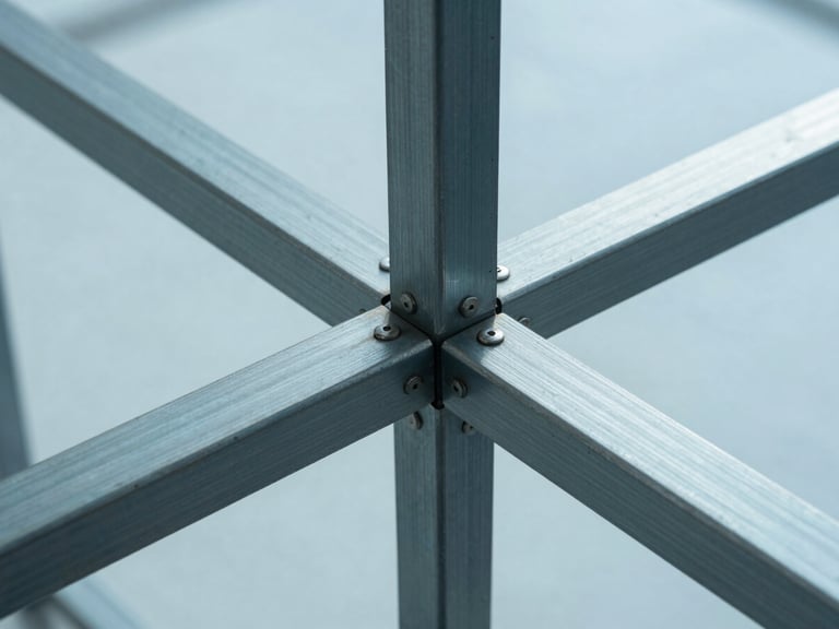 Abstract macro photograph of steel and glass structural joints, sharp dramatic lighting, sterile architectural studio setting, blueprint-cyan tint