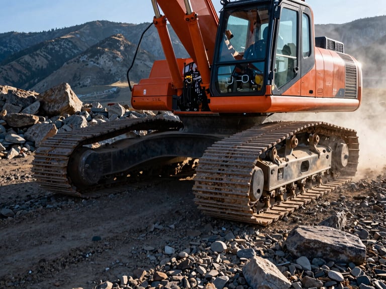 Close-up of heavy excavator steel tracks grinding on rocky Idaho soil, dust flying in the crisp morning sun, high-contrast action photography.