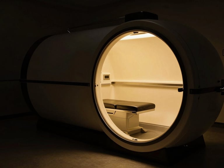 Dark luxury clinical photography, dramatic chiaroscuro lighting, a state-of-the-art hyperbaric chamber in a minimalist black and gold suite, 35mm