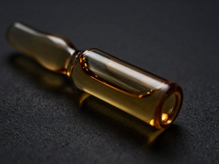 Macro shot of a gold-tinted clinical glass vial with liquid reflecting dramatic chiaroscuro lighting, dark obsidian background, 35mm