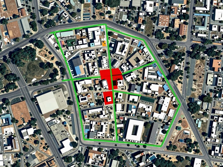 Top-down satellite GIS overlay of a commercial development plot in Bengaluru, showing precise green boundary lines and red encroachment alerts, crisp digital map interface, 35mm