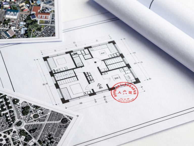 High-contrast architectural blueprint with technical document overlays, cool-toned studio lighting, sharp focus on legal land registry stamps and digital verification hashes