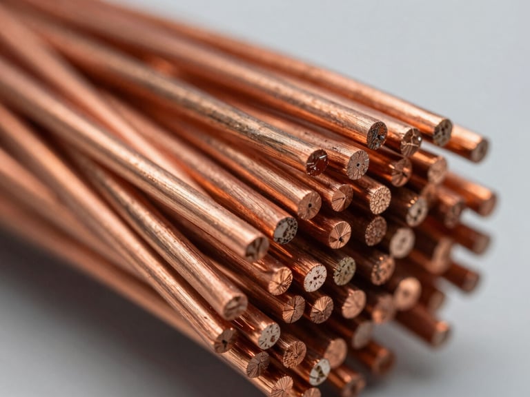 Macro close-up of sorted copper wire bundles, sharp focus on metallic copper grains, high-contrast cool industrial lighting, 35mm lens