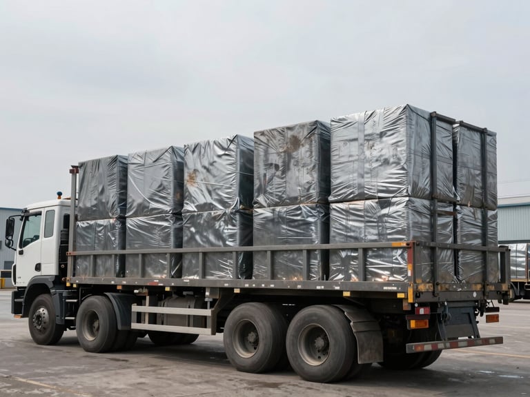 Side view of a heavy-duty flatbed truck loaded with dense metal bales in an industrial yard, overcast sky, gritty texture, 35mm lens