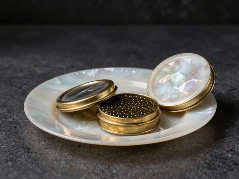 Elegant mother-of-pearl serving set with caviar, chilled brass case visible, low-key lighting, luxury home dining setting, dark charcoal and champagne gold tones.