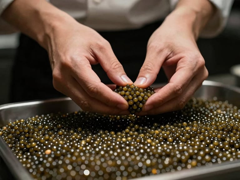Chef's hands meticulously grading caviar in a dimly lit professional kitchen, focus on the roe, soft gold reflections, shallow depth of field.