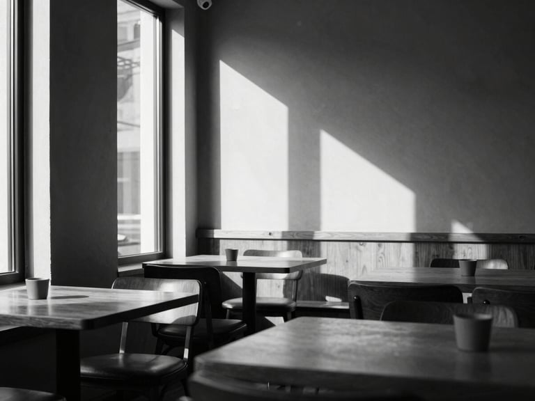 Clean architectural shot of a monochrome café interior, strong shadows, warm natural light filtering through tall windows, minimalist table settings, 35mm lens.