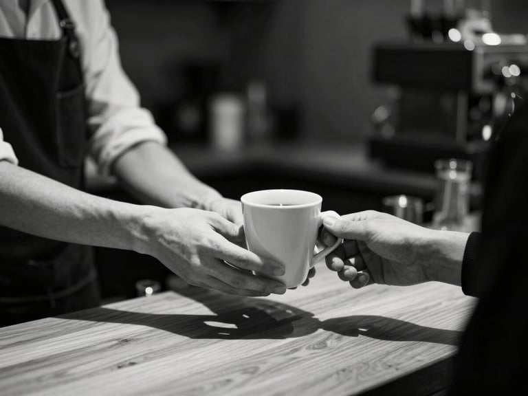 Softly lit image of a barista handing a coffee to a customer, focusing on hands and the cup, blurred monochrome background, warm wood counter, high-contrast side-lighting, 35mm lens.
