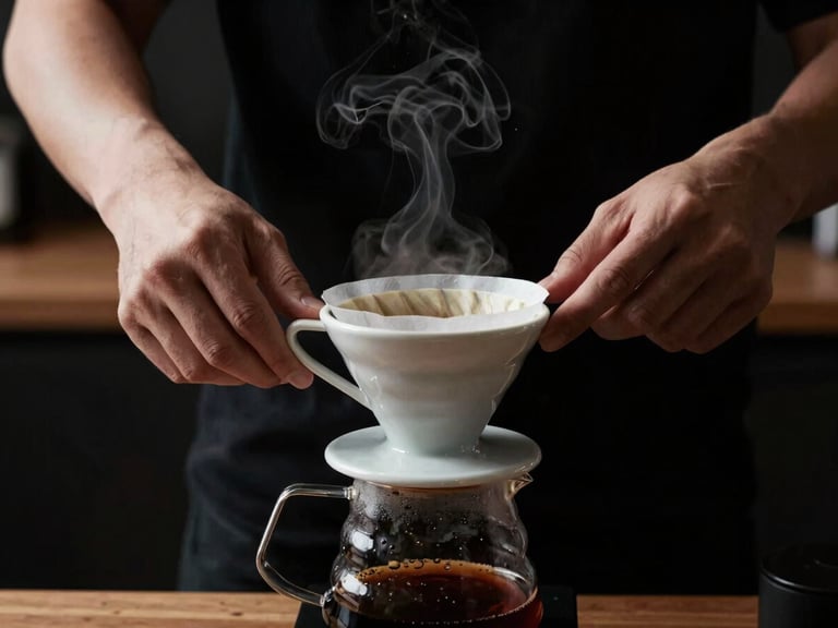 Close-up of hands preparing a pour-over coffee, steam rising, against a dark, minimalist background with warm wood accents, high-contrast side-lighting, 35mm lens.