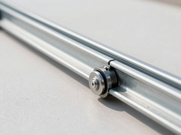 Tight macro shot of a pristine steel garage door track and roller alignment, clean mechanical lines, bright outdoor daylight.