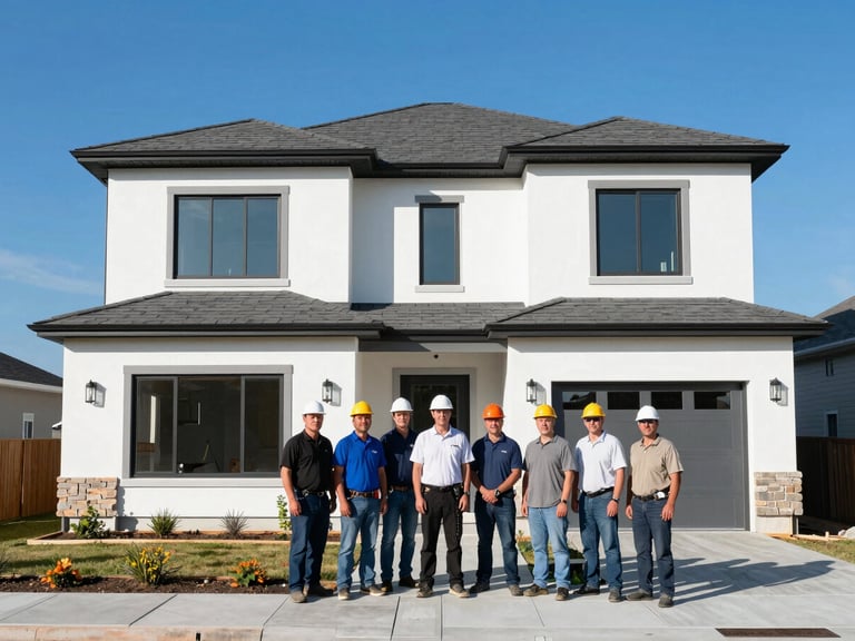 A group of professional roofing installers standing together in front of a newly completed modern home in West Valley City, clear sunny day