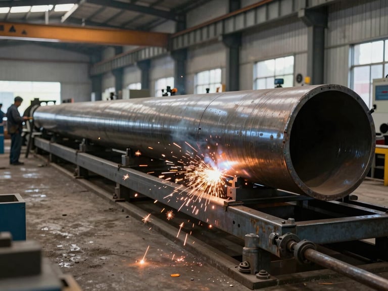 A heavy steel pipe fabrication line inside a spacious Port Harcourt yard, sparks from precision welding, industrial atmosphere.
