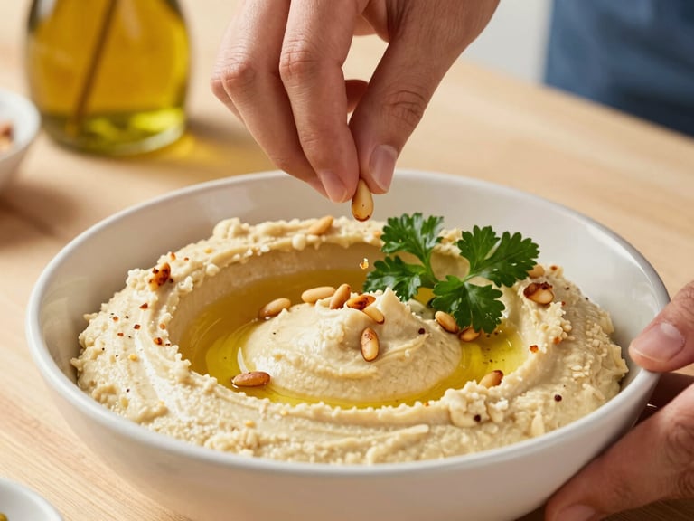 Vibrant food photography showing culinary hands garnishing a fresh bowl of hummus with toasted pine nuts and fresh parsley, warm kitchen sunlight, shallow depth of field
