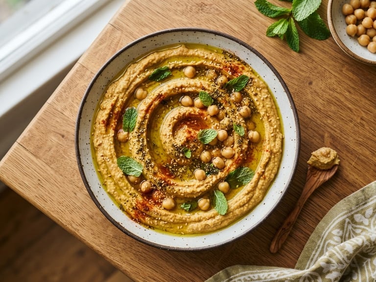 Overhead flat-lay of a deep swirling bowl of creamy hummus topped with pools of golden olive oil, whole chickpeas, and fresh mint leaves on a bright kitchen counter.