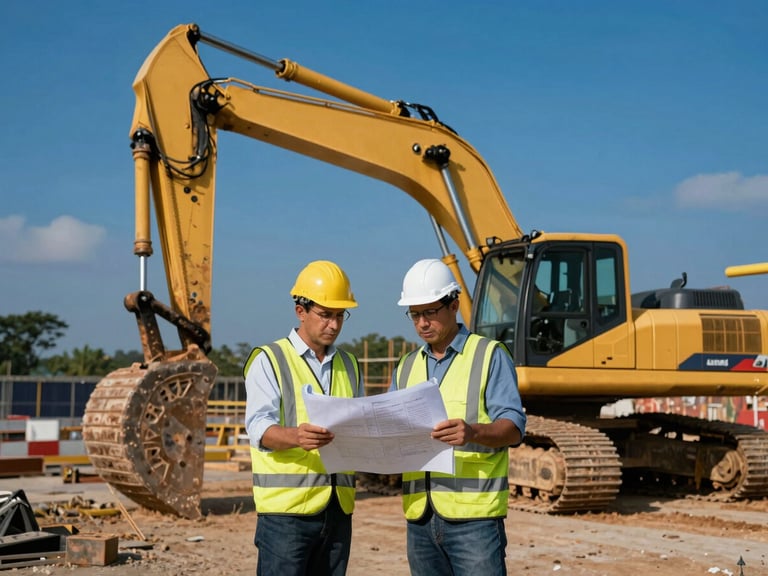 Active construction site in Nigeria with heavy machinery, engineers in high-visibility safety gear inspecting blueprints under dramatic daylight, sharp focus