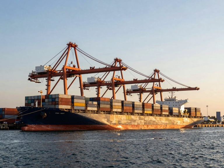 Wide-angle dramatic golden hour view of container ships docked at Mumbai port, massive industrial cranes loading freight, deep navy water, clear sky.