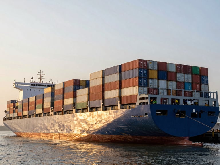 A massive container ship docked at Mumbai port during golden hour, loaded with shipping containers, reflecting industrial scale