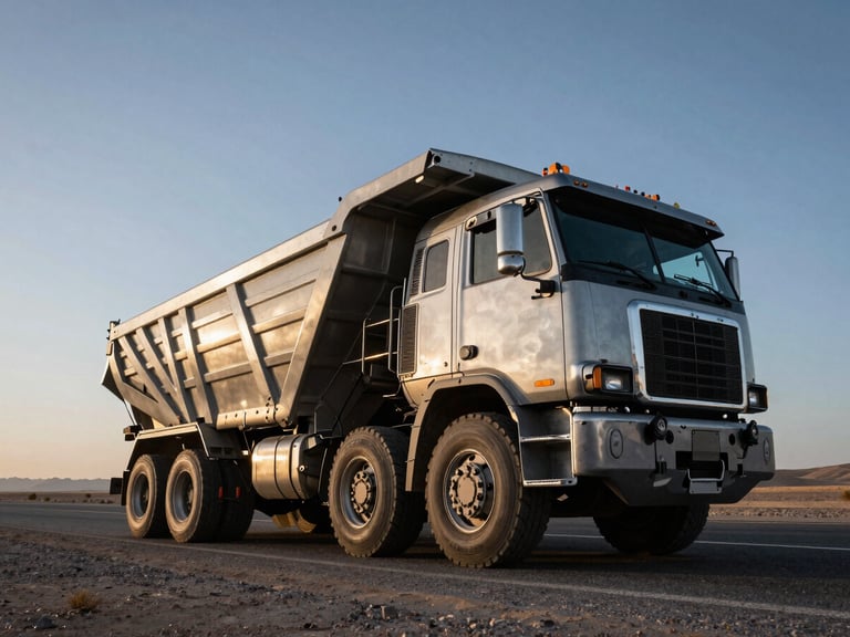 Low-angle dramatic industrial photography of a massive heavy transport convoy on a desert highway at dawn, high-contrast metallic tones, 35mm lens