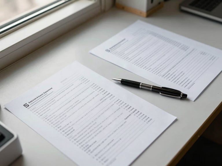 Close overhead view of a workshop table with printed diagnostic questionnaires, a pen resting on the paper, handwritten notes visible in the margins, soft office daylight from a window off-frame to the left