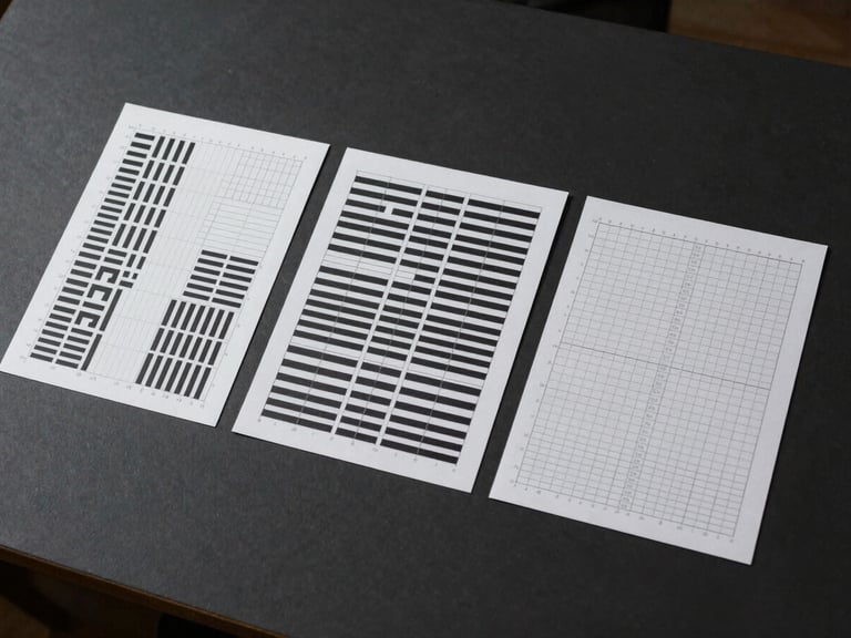 Overhead studio shot of three printed design grid templates arranged on a matte dark surface, each sheet showing typographic hierarchy systems with visible baseline grids and column markers, diffused studio light from above, no hands or people