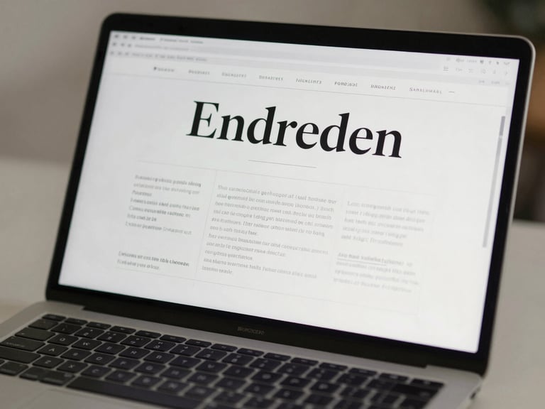 Close-up of a laptop screen displaying a structured editorial website with large serif typography and precise grid columns, photographed on a light desk under diffused studio lighting, no reflections