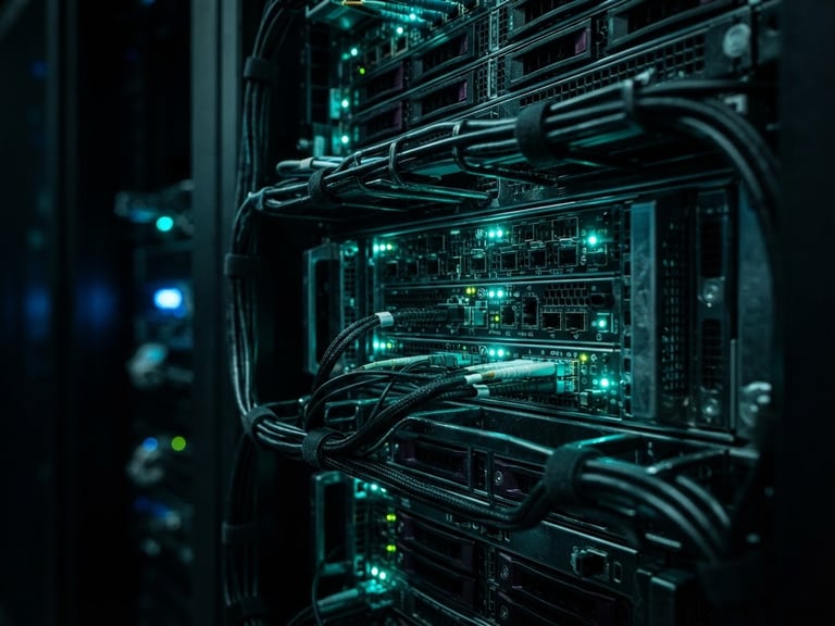 Extreme macro photography of server rack glowing with neon teal indicators, dark metallic surfaces, high-contrast cybernetic mood.