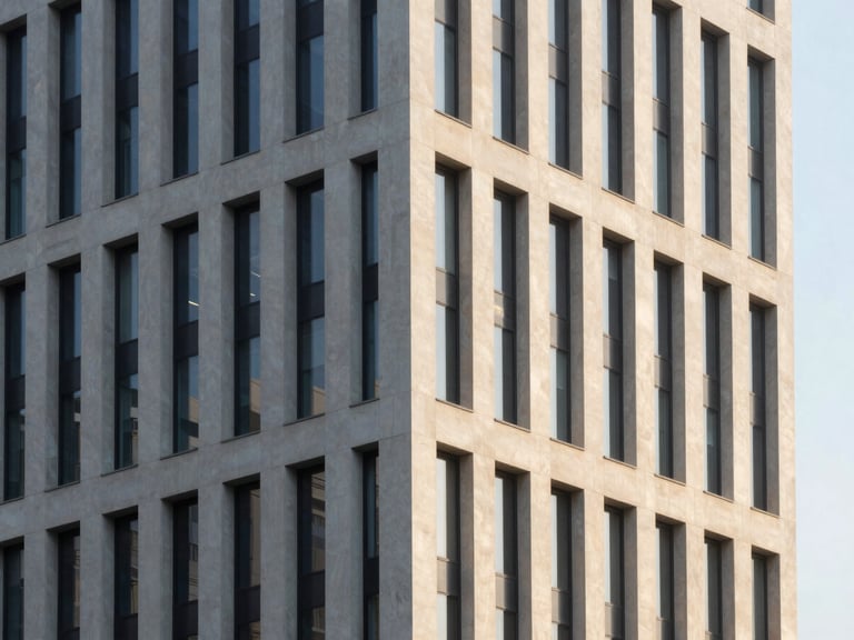 Modern building exterior at golden hour, crisp architectural lines, high-contrast, sharp 35mm lens