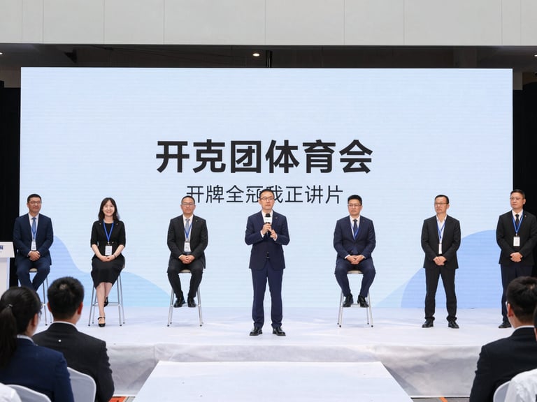 Dynamic wide shot of a corporate event, focused on speakers on stage, branding visible, crisp lighting, sharp 35mm lens