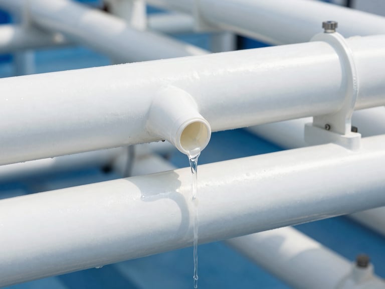 Clear liquid chemical transfer through industrial PVC piping, bright daylight, technical focus