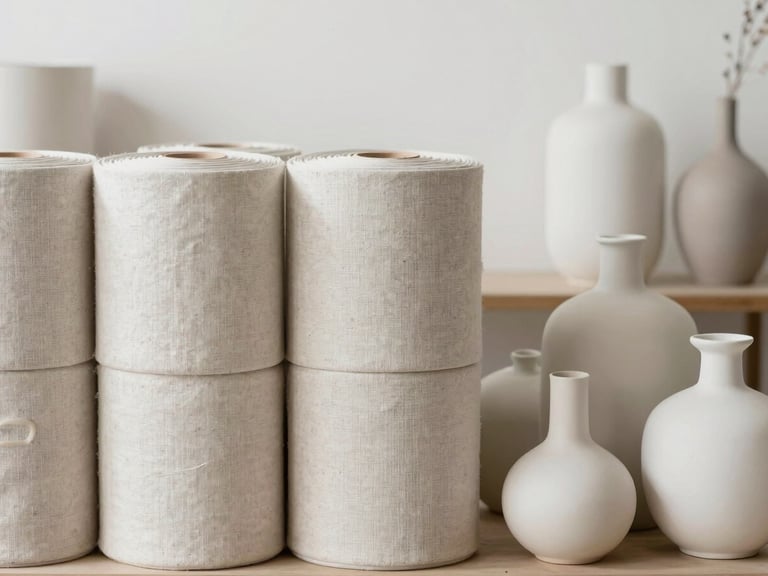 Straight-on eye-level shot of stacked linen textile rolls and modern ceramic vases inside a bright, organized contemporary distribution space, soft natural light, shallow depth of field.