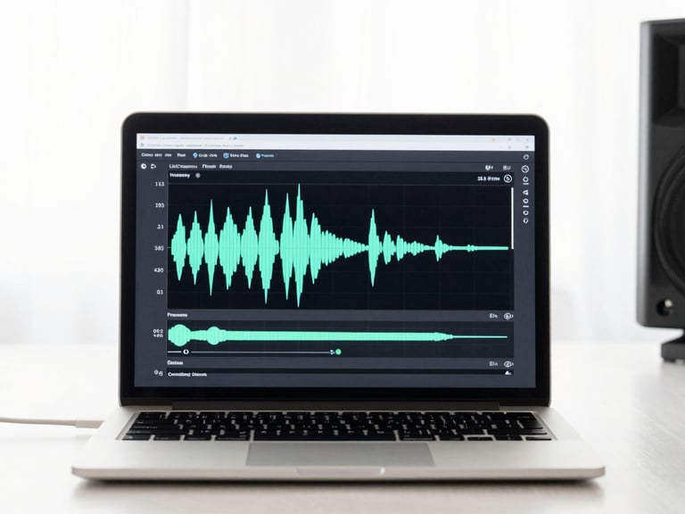 Close-up of audio waveforms on a modern laptop screen, bright daylight, minimalist home studio setup, sharp focus.