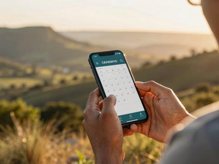 Mãos de um operador de turismo usando um aplicativo de calendário em um smartphone, marcando datas disponíveis para um passeio, com fundo de paisagem natural, luz dourada, rich authentic tones, wide-angle architectural lens.