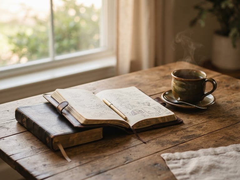 A quiet morning workspace with an open leather planner, a Bible, and a cup of tea on a wooden table, soft morning window light, shallow depth of field