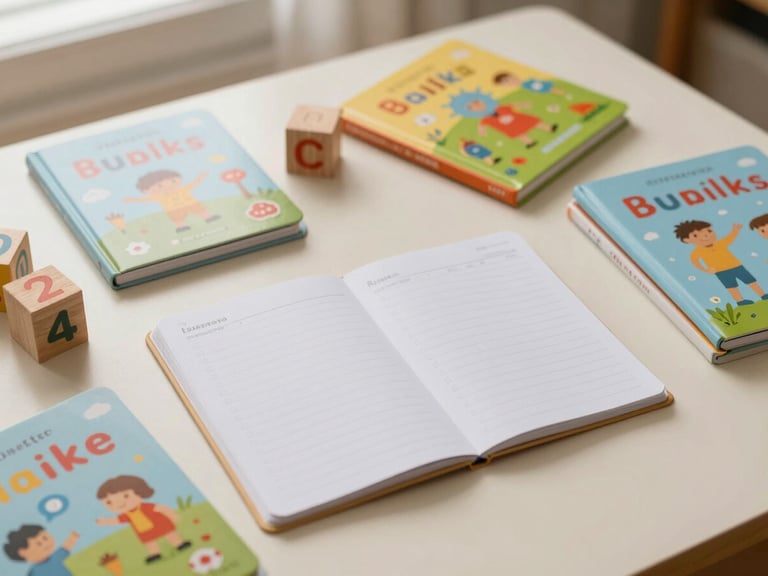 Flat-lay of colorful children's educational books, wooden blocks, and a clean planner on a light cream surface, soft morning light